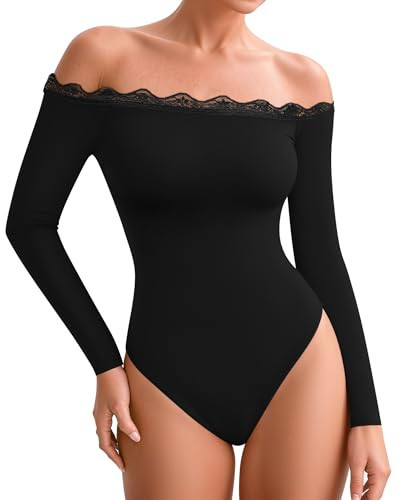 MANGOPOP Women's Off The Shoulder Long Sleeve Bodysuit Lace Body Suits Sexy Tops Fall Outfit 2025 Black L | Amazon (US)