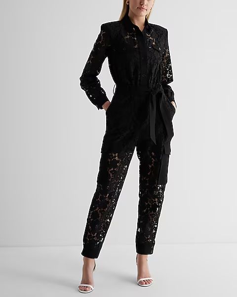 Lace Button Front Cargo Straight Leg Jumpsuit | Express