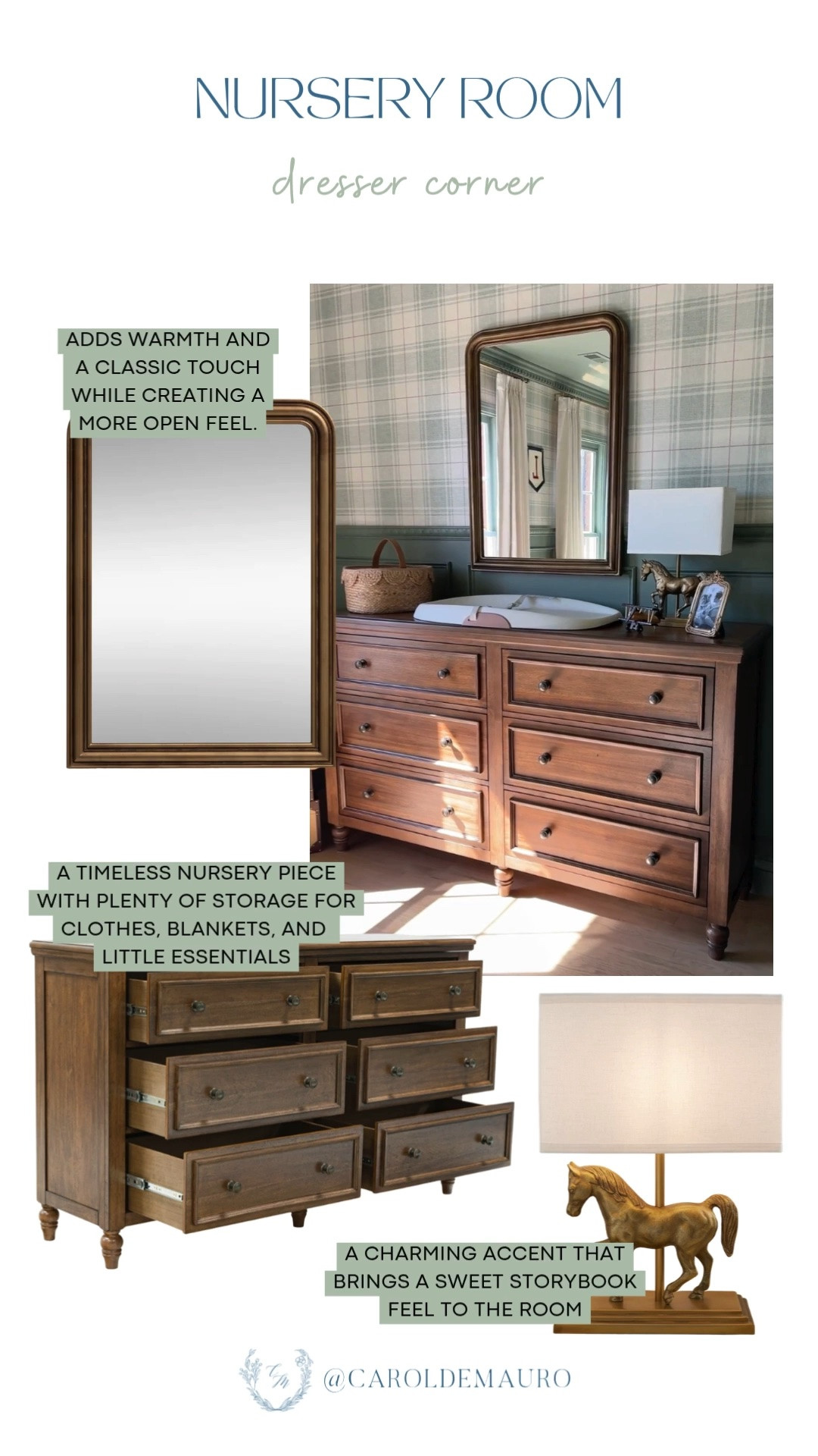 nursery room, dresser table, changing table, wall mirror, vintage home inspo, horse table lamp, kids room, dark wood furniture, traditional home

#LTKHome #LTKBaby #LTKKids