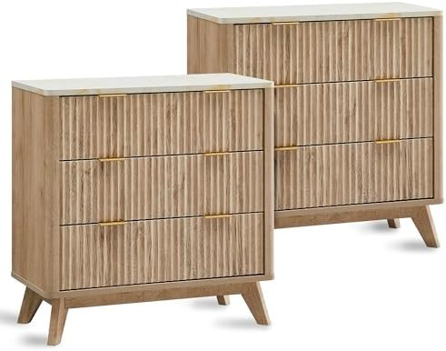 T4TREAM Fluted 3 Drawers Nightstand Set of 2, Oversized Extra Large Modern Side Table with Faux M... | Amazon (US)