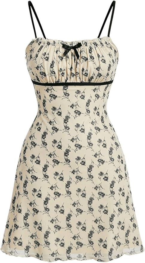Verdusa Women's Ruched Bust Bow Knot Floral Print Mesh Short Cami Dress | Amazon (US)