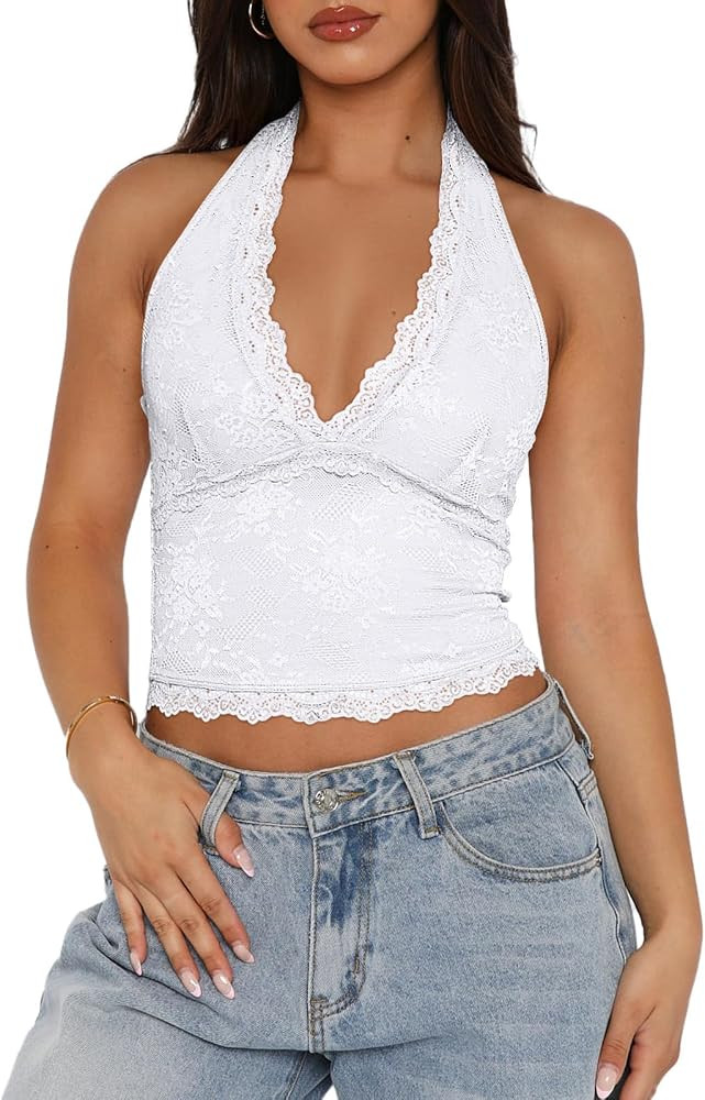 Women Sexy Cropped Halterneck Lace Top Sleeveless Backless V-Neck Lace Trim Crop Top Slim Fit Sum... | Amazon (US)