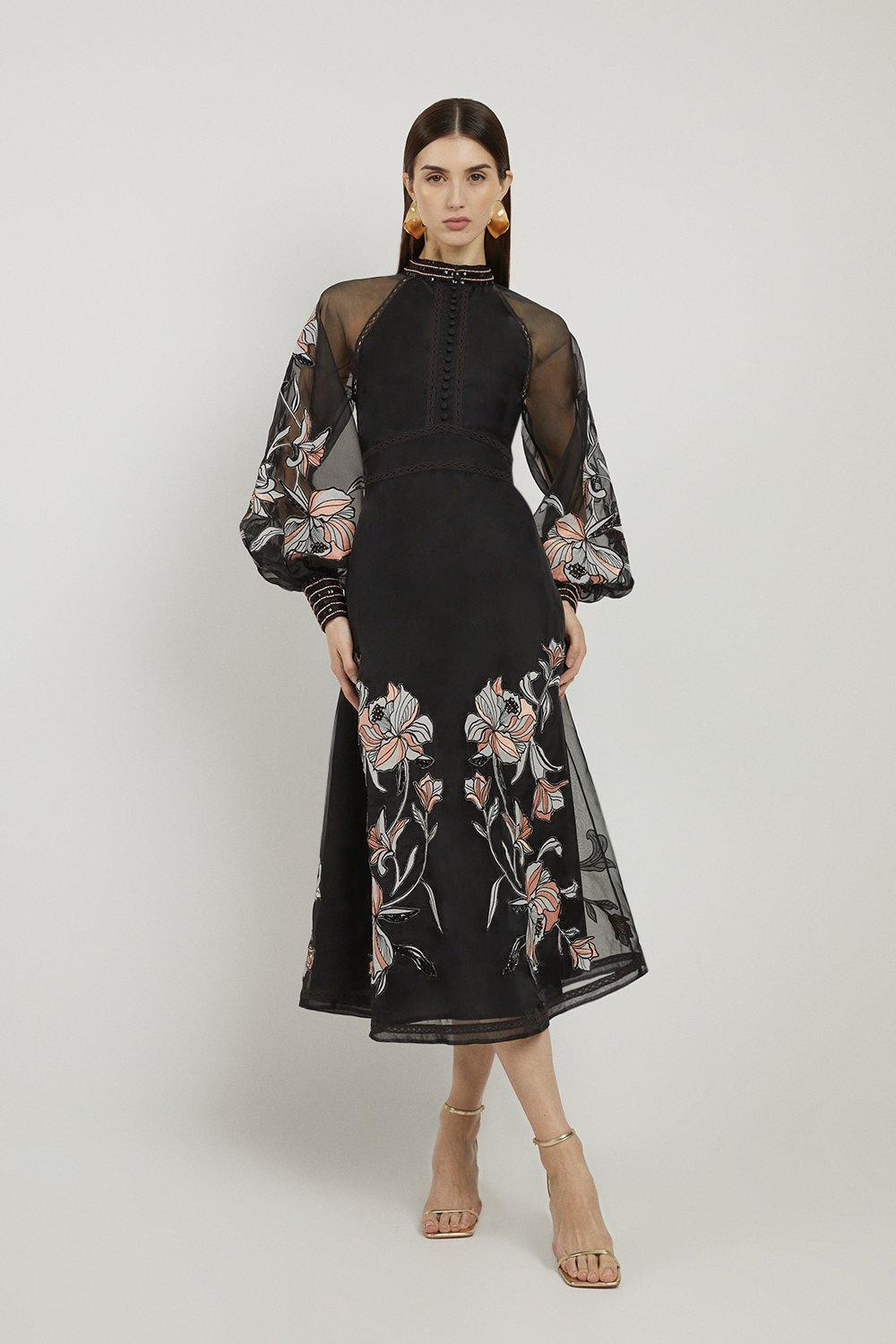 Tall Floral Embroidery Organdie Woven Midi Dress | Karen Millen US