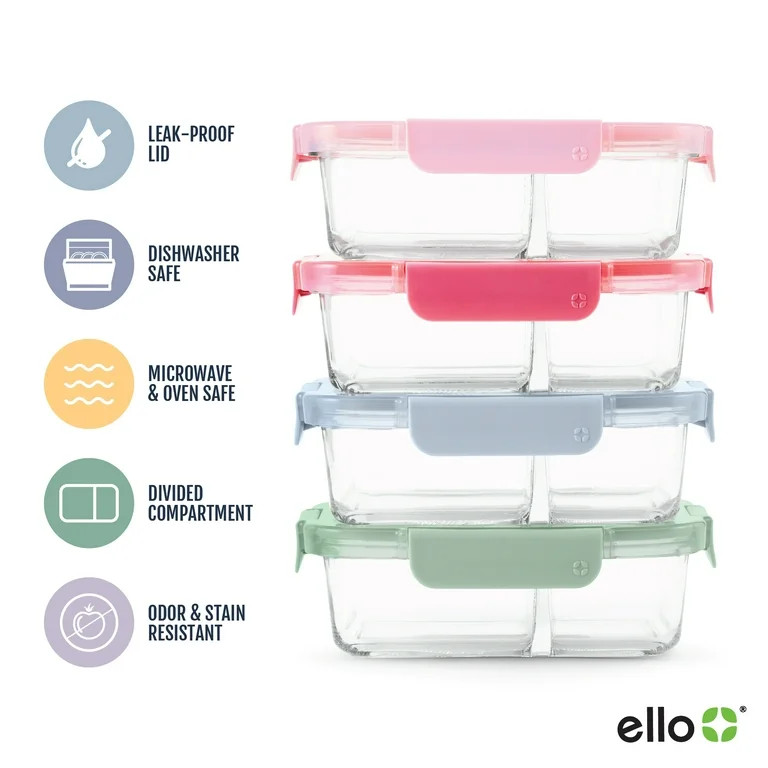 Ello Color Lock 8pc Divided Glass Meal Prep Container Set | Walmart (US)
