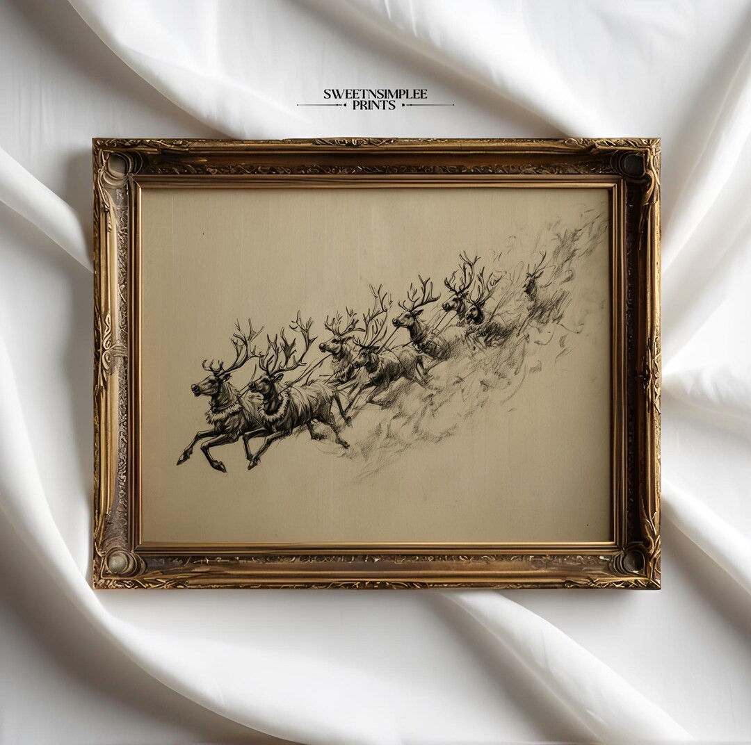 Santa & Reindeer Vintage Pencil Sketch Minimalist Christmas Wall Art Horizontal Printable Holiday... | Etsy (US)