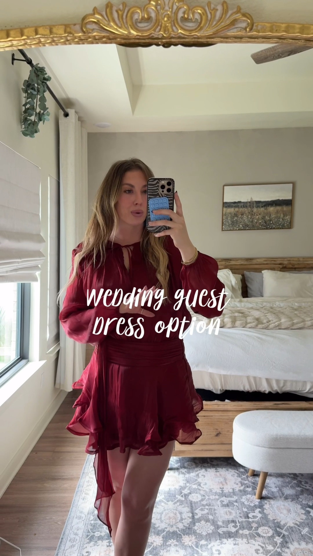 Wedding guest dress option! If you’re taller, it is on the shorter side so just FYI, but I love the balance and shape that this dress gives it’s super flattering! I’m wearing a medium, but I should size down to a small. CODE: MACYMS35 for 35% off ￼￼