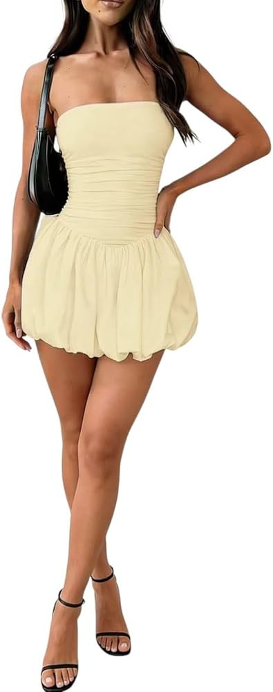 ENOPINK Women Tube Top Bubble Dress Sexy Strapless Mini Dress Ruched Waist Party Short Dresses | Amazon (US)