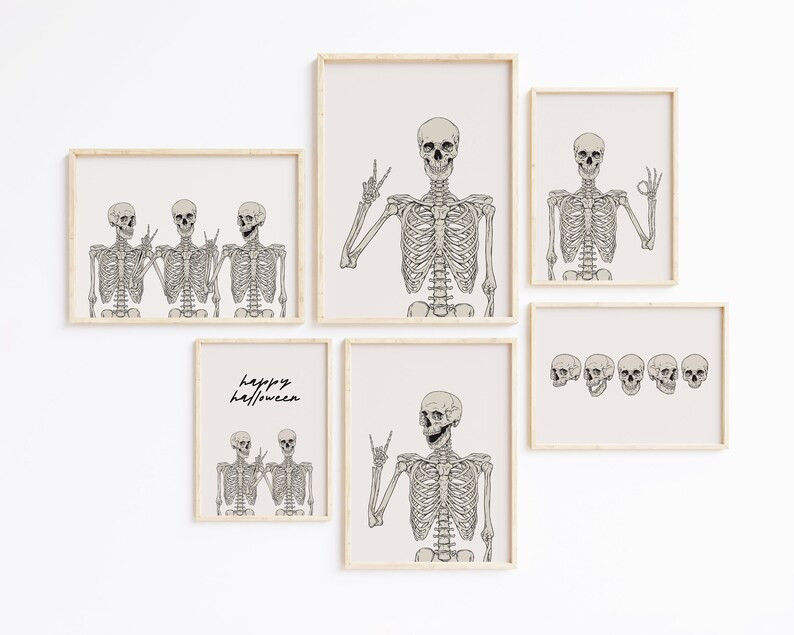 minimalist halloween decorations | skeleton print | set of 6 halloween prints | neutral halloween... | Etsy (US)