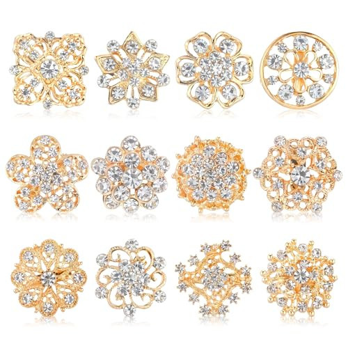 12pcs Gold Brooches and Pins for Women, 1 Inch Rhinestone Flower Brooch, Vintage Brooches Set for Crafts and Fashion | Amazon (US)