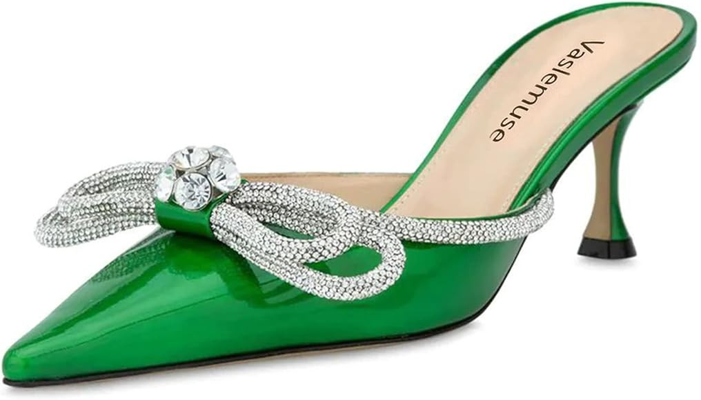 Vaslemuse Women Heeled Mules Rhinestone Bow Pointed Toe Mules Patent Leather Stiletto High Heels ... | Amazon (US)