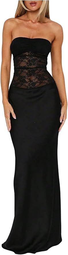 GORGLITTER Women's Lace Backless Patchwork Maxi Dress Elegant Classy Strapless Festival Y2K Sexy ... | Amazon (US)