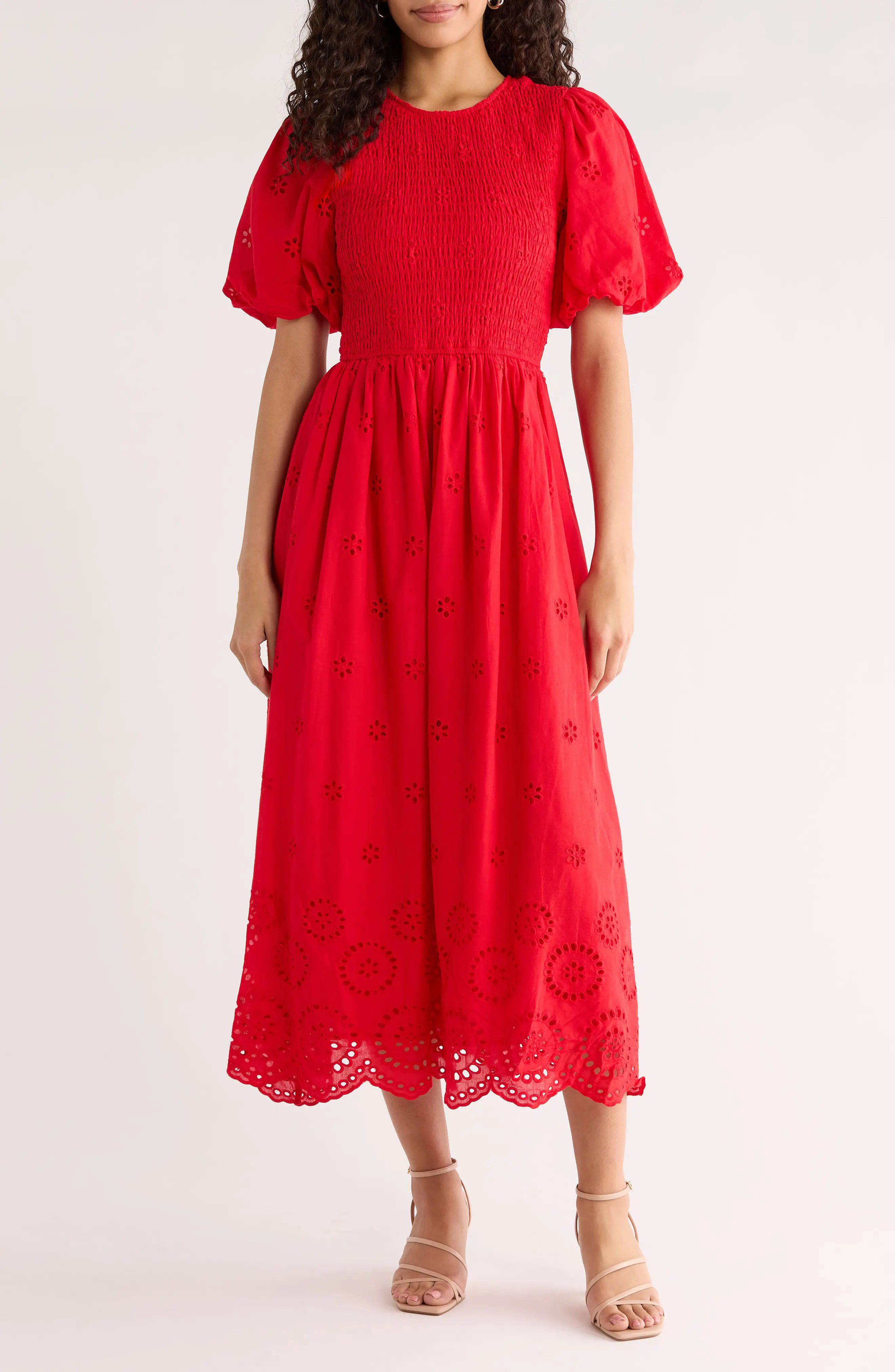 Deana Eyelet Smocked Midi Dress (Women) | Nordstrom | Nordstrom