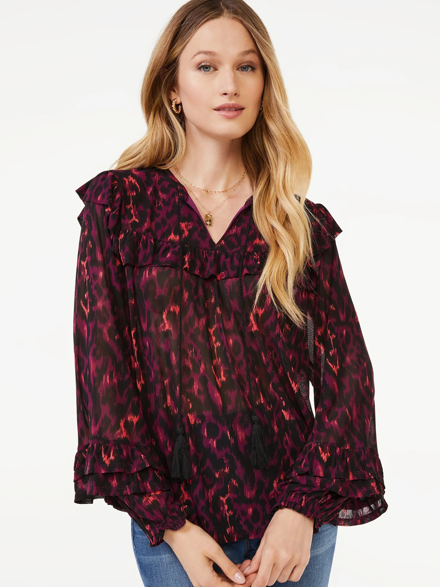 Scoop Women's Ruffled Oversized Top with Long Sleeves | Walmart (US)