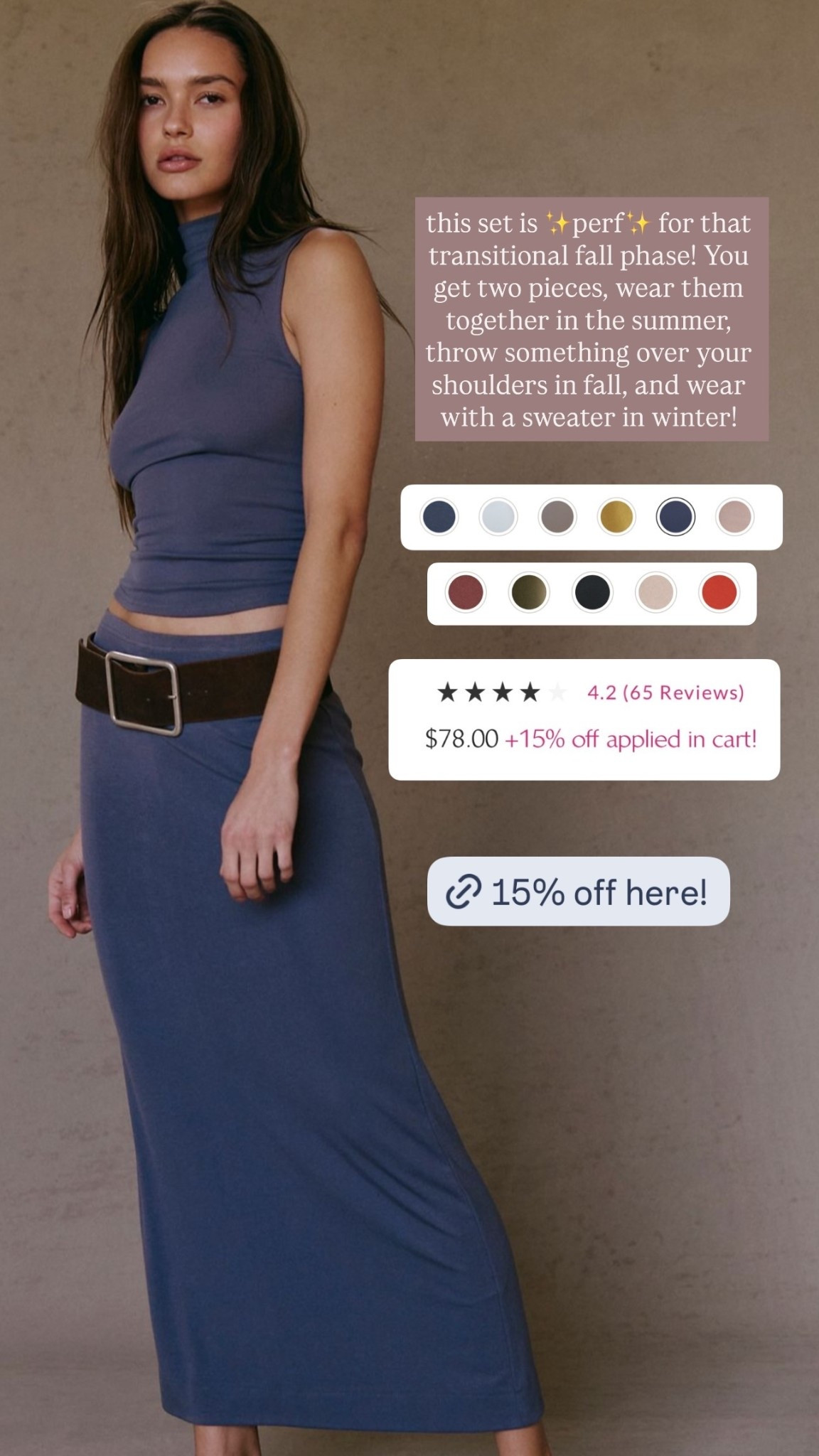 this set is ✨perf✨ for that transitional fall phase! You get two pieces, wear them together in the summer, throw something over your shoulders in fall, and wear with a sweater in winter!