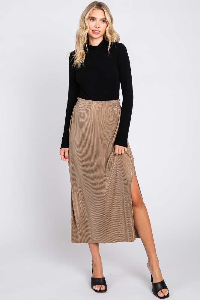 Mocha Pleated Side Slit Midi Skirt | PinkBlush Maternity