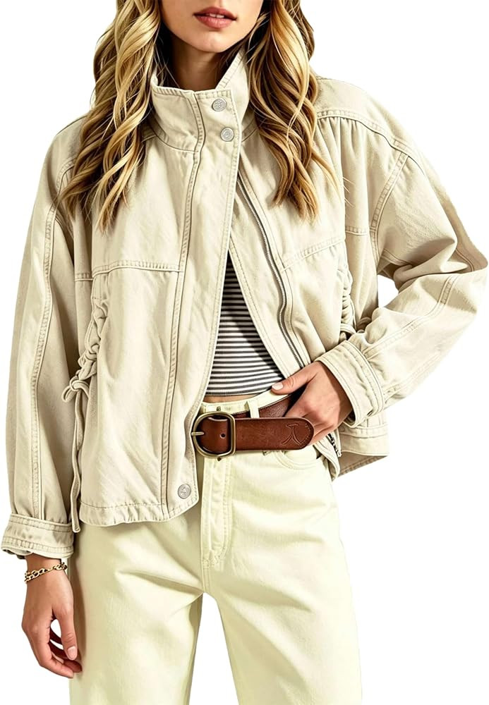Wanzetaly Women's Cropped Barn Jacket Fall Casual Stand Collar Cargo Jacket Cotton Coats with Poc... | Amazon (US)