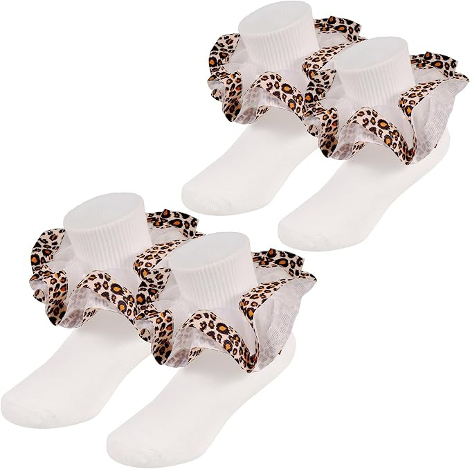 Girls Leopard Ruffle Cotton Ankle Socks, Adjustable Cuff Design Big Double Lace Frilly Dress Sock... | Amazon (US)