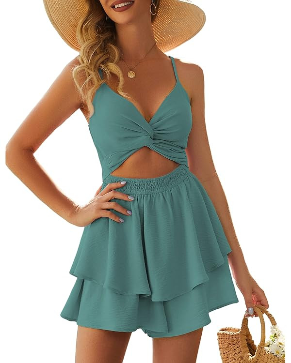 Women's Jumpsuit Sexy V Neck Twist Spaghetti Straps Double Layer Ruffle Hem Mini Short Romper | Amazon (US)