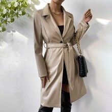 Lapel Collar Belted PU Trench Coat | SHEIN