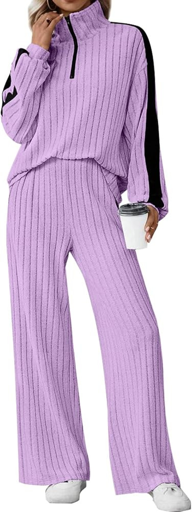 JUSTFASHIONNOW Womens 2 Piece Outfits Ribbed Knit Lounge Sets Cozy Half Zip Sweatsuit Sets Wide L... | Amazon (US)