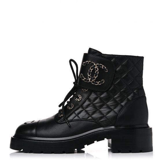 CHANEL

Shiny Goatskin Calfskin Quilted Lace Up Combat Boots 37 Black | Fashionphile