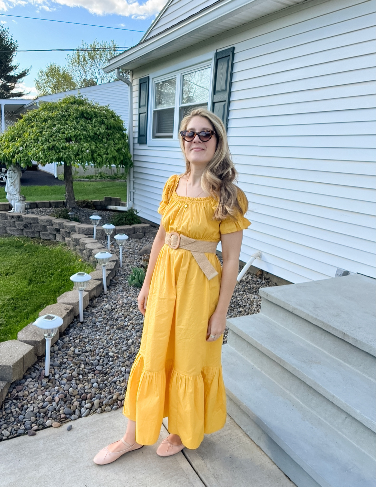 Yellow dress, maxi dress, h&m, eyelet dress, ballet flats, spring look, summer look, raffia belt, Amazon 

#LTKstyletip #LTKshoecrush #LTKunder100
