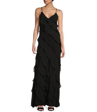 All Over Ruffle Trim V-Neck Spaghetti Strap Long Dress | Dillard's