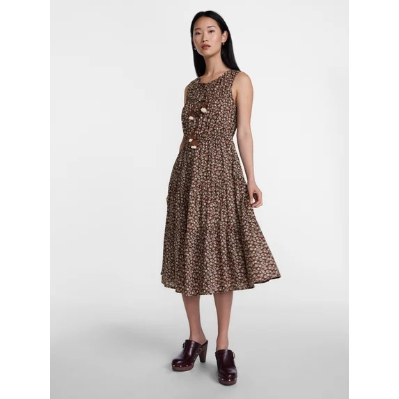 Scenario Women's and Women's Plus Sleeveless Tie Neck Tiered Midi Dress, Sizes XS-4X | Walmart (US)