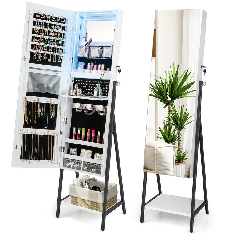 Costway Jewelry Cabinet Armoire 3 Color LED Modes Full-Length Frameless Mirror Lockable White | Walmart (US)