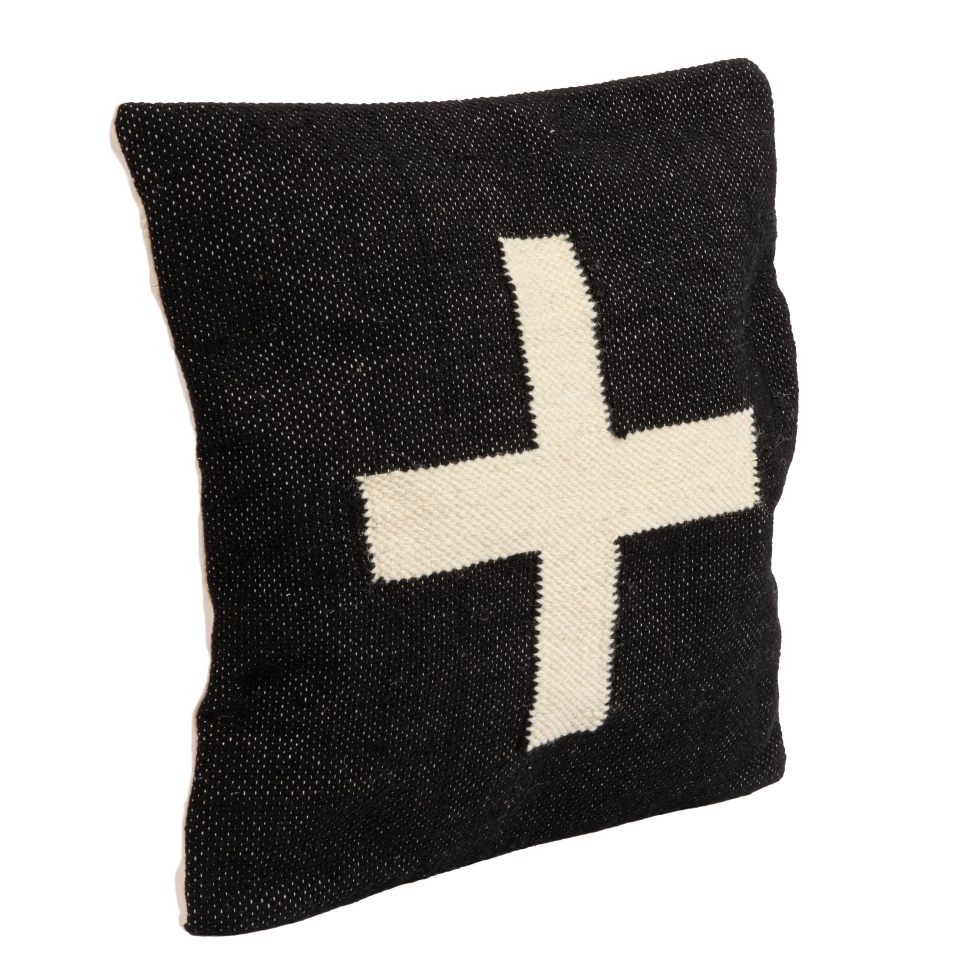 Creative Co-Op Wool Blend Swiss Cross Pillow, 20 inches, Black and Cream | Amazon (US)