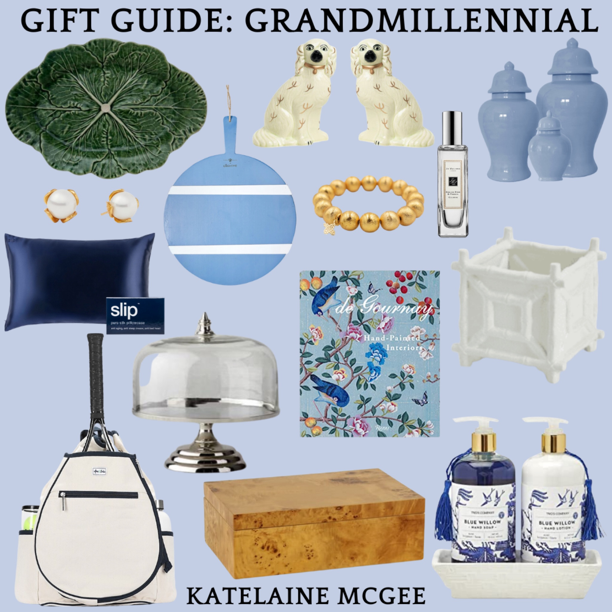Gift guide for the grandmillennial in your life 

Preppy // cabbage plate platter // Staffordshire dogs // ginger jars // Lauren Haskell Designs // coffee table books // Haden and Co. bracelet // silk pillowcase Slip // charcuterie board // blue and white // cake stand Frontgate // tennis bag // burl wood box // hostess gift // faux bamboo cachepot // Jo Malone perfume // Julie Vos

#LTKhome #LTKHoliday #LTKSeasonal