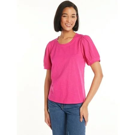 Time and Tru Women's Cotton Top with Puff Sleeves, Sizes XS-XXXL | Walmart (US)