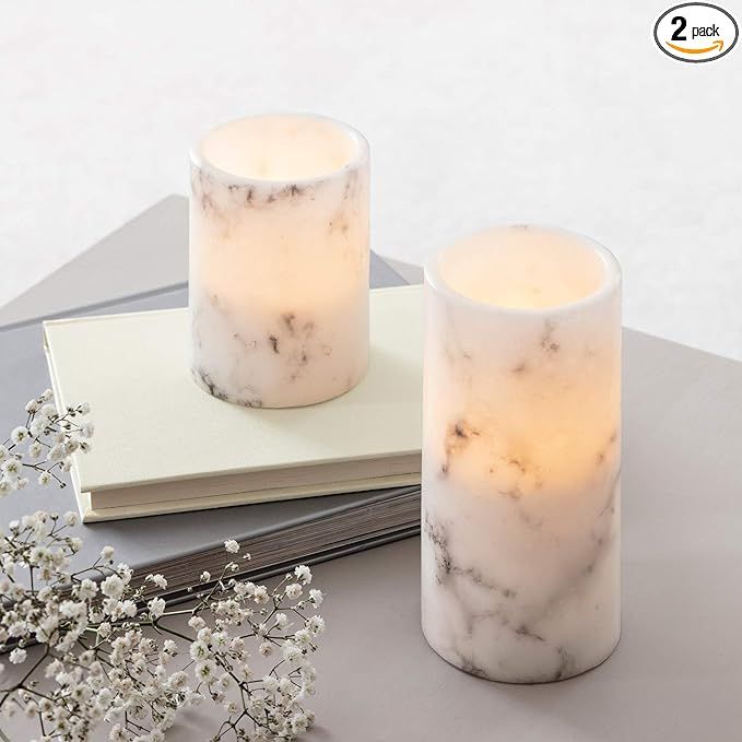 Lights4fun, Inc. Set of 2 Marble Wax Battery Operated Flickering Flameless LED Pillar Candles | Amazon (US)