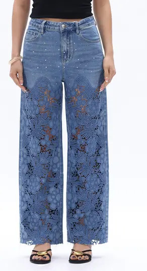 High Waist Floral Embroidered Raw Hem Wide Leg Jeans | Nordstrom