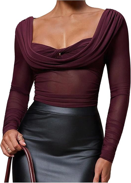 SOLY HUX Women's Mesh T Shirt Long Sleeve Sweetheart Neck Twist Draped Ruched Sheer Tee See Throu... | Amazon (US)
