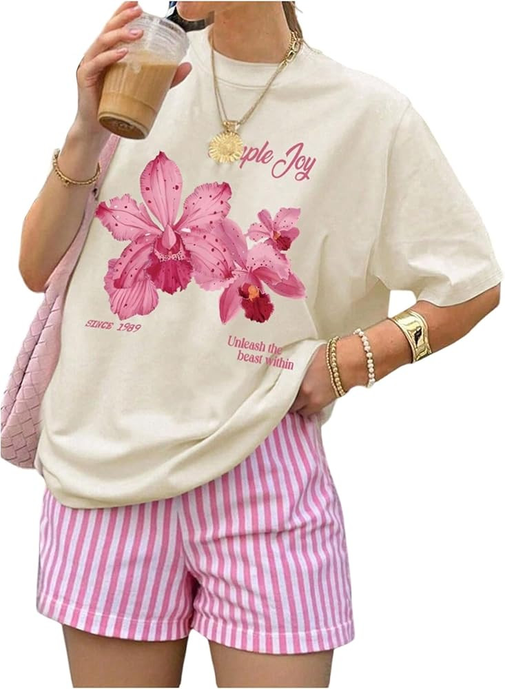 OYOANGLE Women's Summer Outfits 2 Piece Floral Print Casual Short Sleeve Tshirt Top and Striped S... | Amazon (US)
