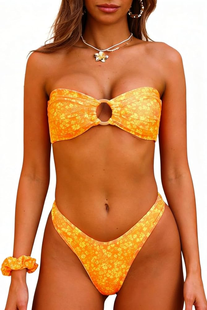 Women Floral Bandeau Bikini Set O Ring Strapless Tie Back Bikini Top High Cut Cheeky Thong Bathin... | Amazon (US)