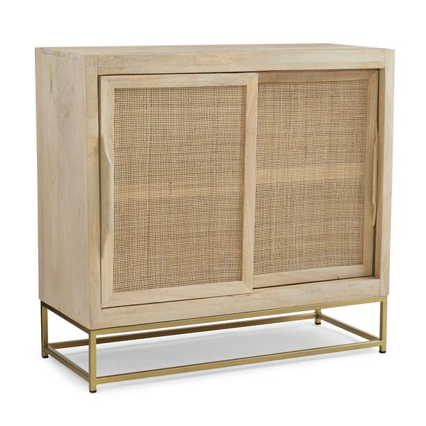 Blair Rattan Sliding Doors Cabinet with Shelves, Natural and Gold - Walmart.com | Walmart (US)