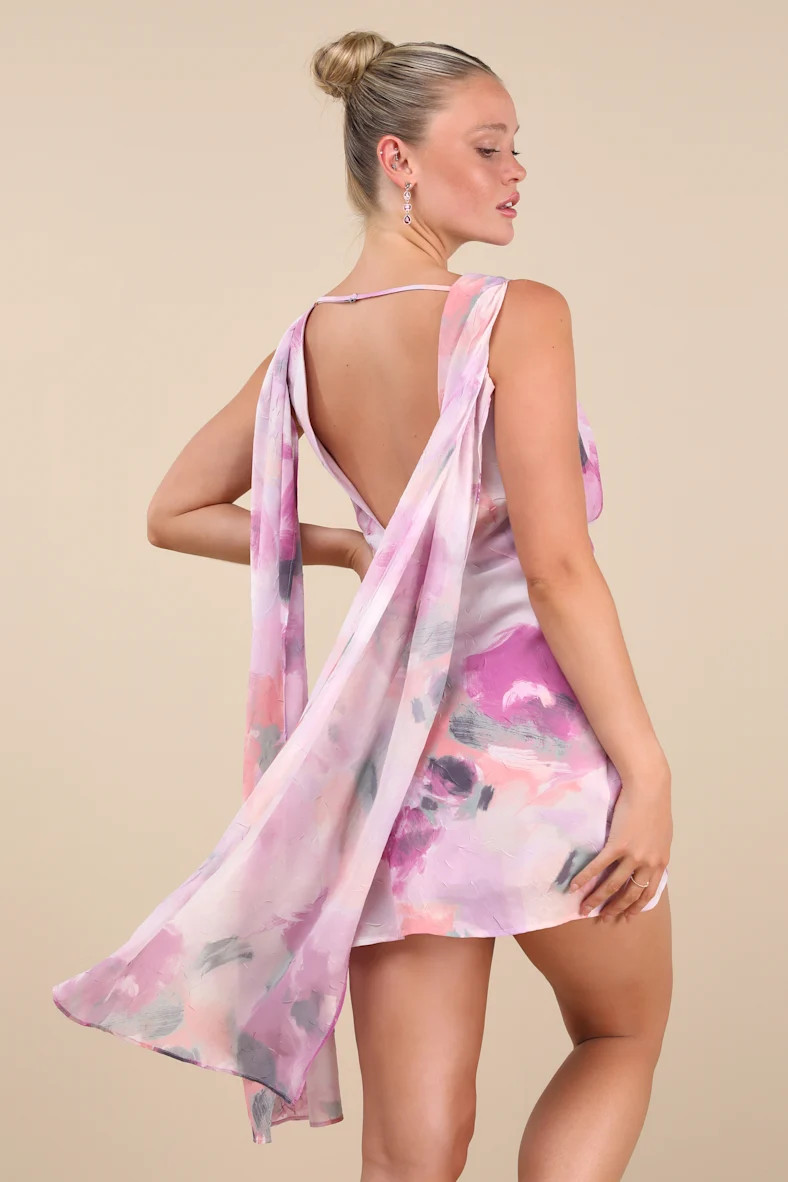 Siya Lilac Multi Abstract Cowl Sash Mini Dress | Lulus