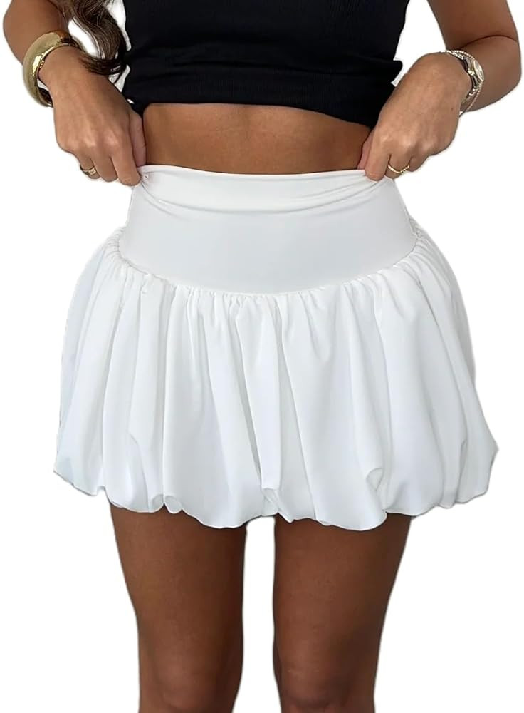 NUFIWI Women Y2k Bubble Skirt High Elastic Waist Ruffle Flared Mini Skirts Layered Pleated Balloo... | Amazon (US)
