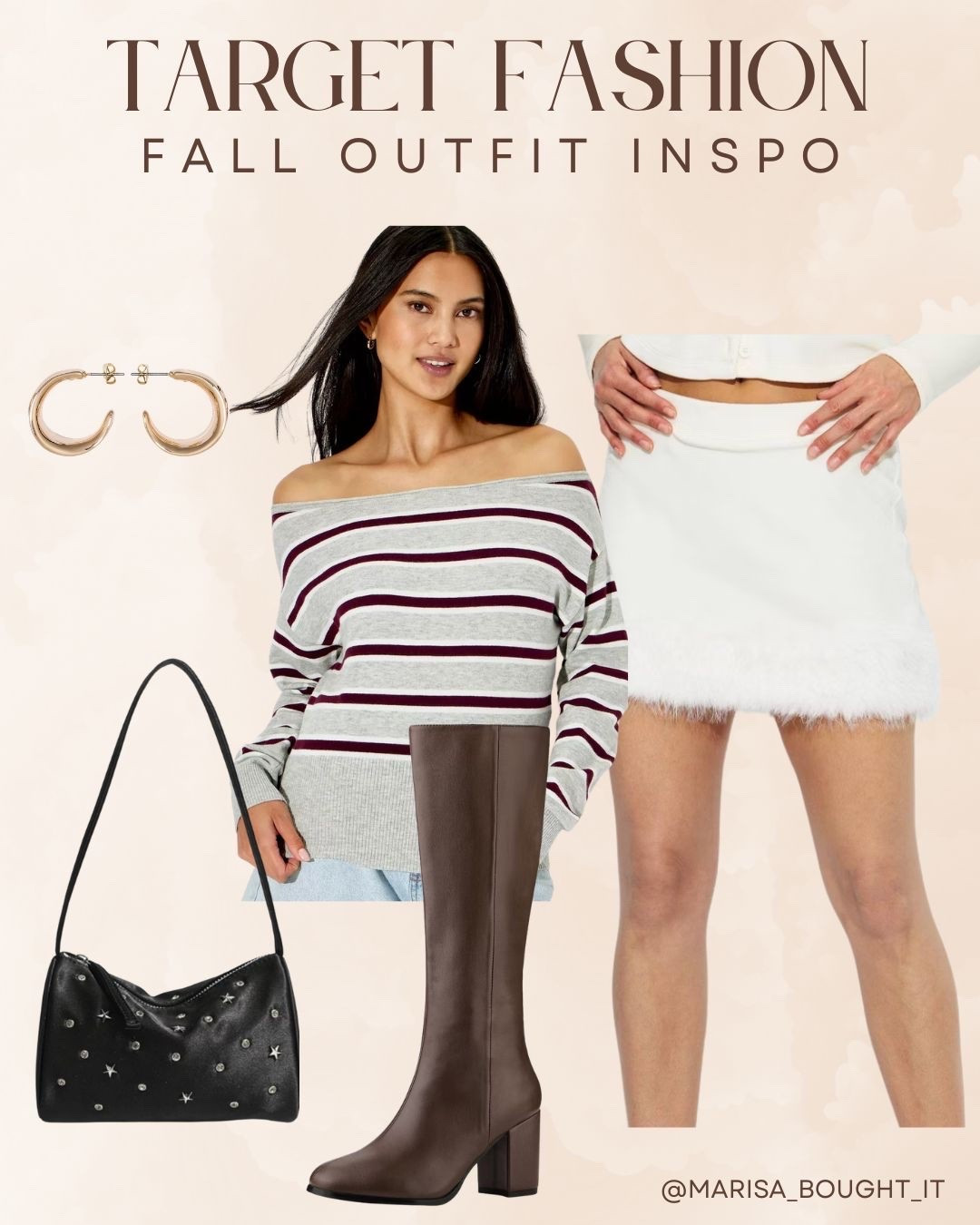 Chic autumn style on a budget! 🍂
I styled an off-the-shoulder striped knit sweater paired with a soft white mini skirt for a cute, preppy vibe.

Finished the look with tall chocolate brown boots, a studded black shoulder bag, and classic gold hoop earrings. ✨

#TargetStyle #TargetFinds #FallOutfit #LTKunder50 #OOTD #AutumnFashion #BudgetStyle #PreppyStyle

#LTKootd #LTKSeasonal
