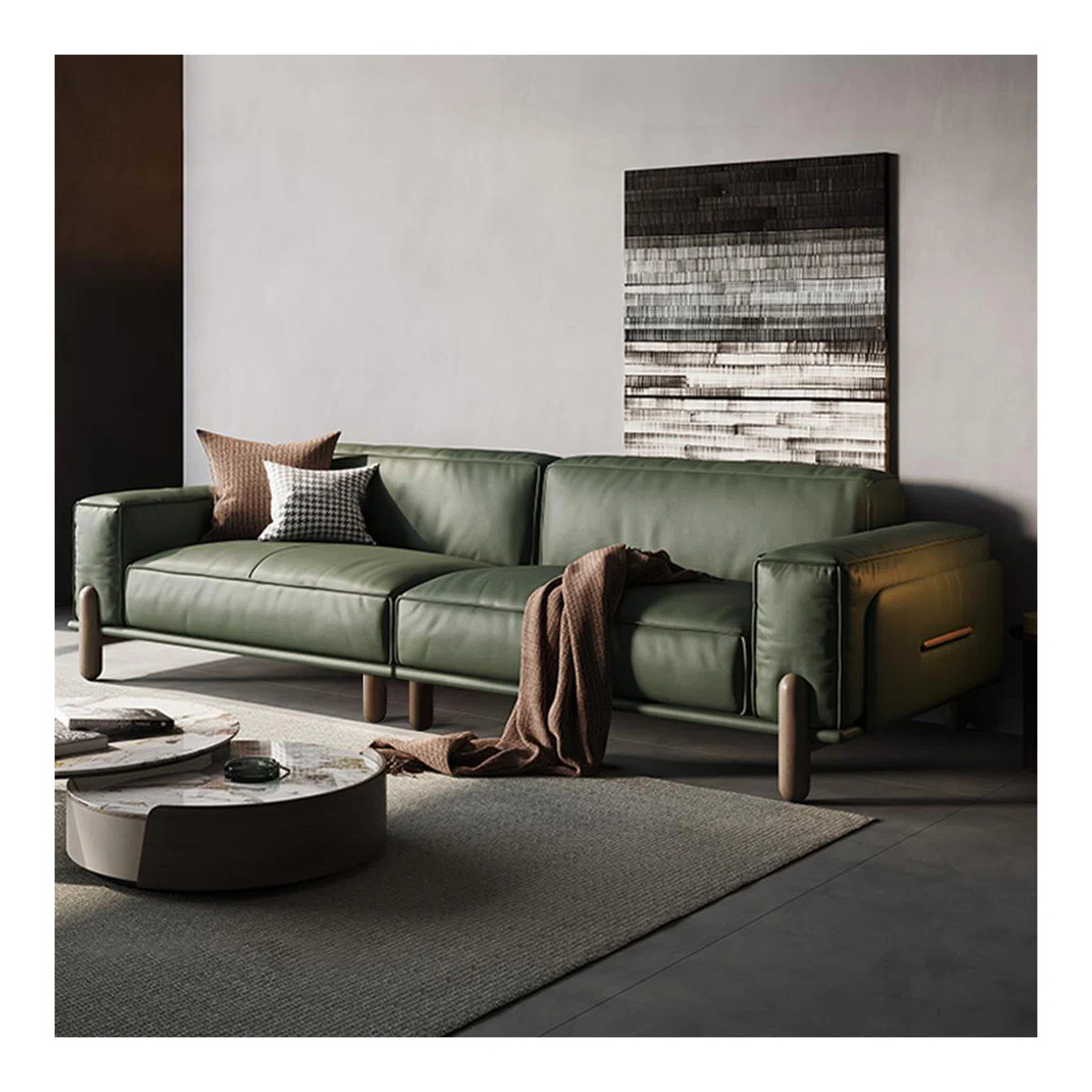 Mid century modern sofa,Genuine Leather Modular sofa with Solid Wood, Green couch | Wayfair North America
