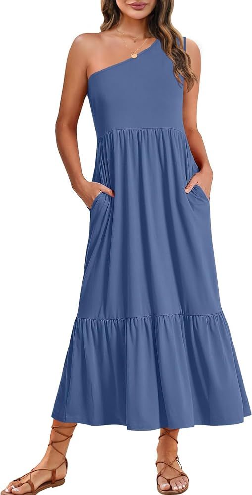 ZESICA Women's 2024 Summer One Shoulder Sleeveless Casual Tiered Flowy Beach Boho Maxi Dress with... | Amazon (US)