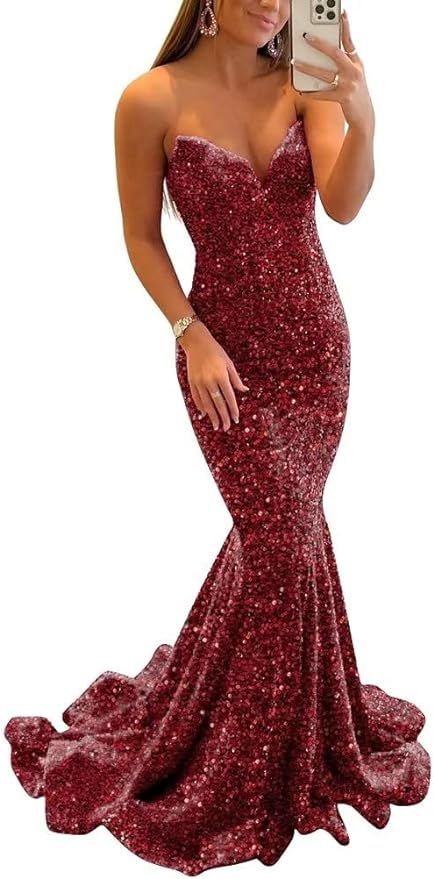 Sequin Evening Dresses for Women Formal Sexy Long Prom Party Gowns Mermaid Sparkly V-Neck Homecom... | Amazon (US)
