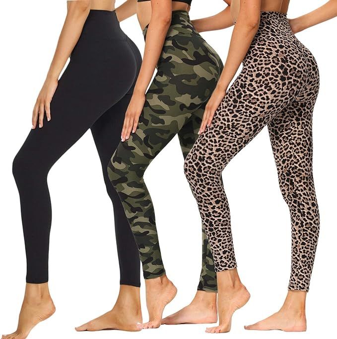 High Waisted Printed Leggings for Women - 3 Pack Soft Stretch Tummy Control Pants for Running Cyc... | Amazon (US)