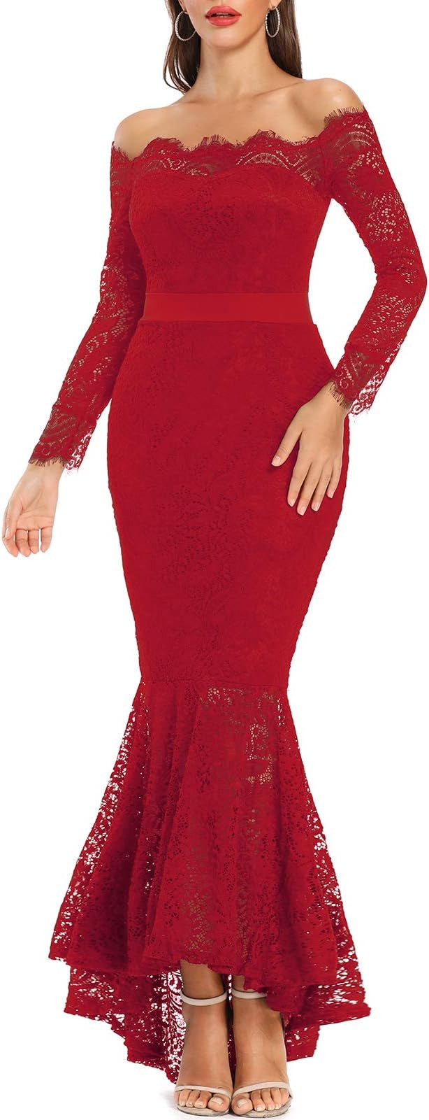 LALAGEN Women's Floral Lace Long Sleeve Off Shoulder Wedding Mermaid Dress | Amazon (US)