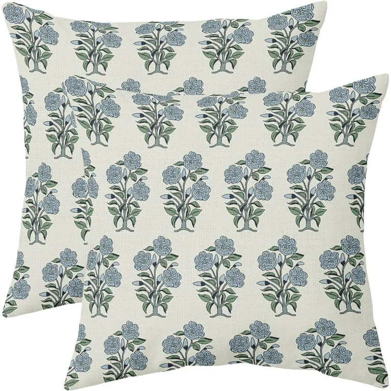 Blue Green Floral Block Print Pillow Covers 18x18 Set of 2 Chinoiserie Flower Leaves Outdoor Deco... | Walmart (US)
