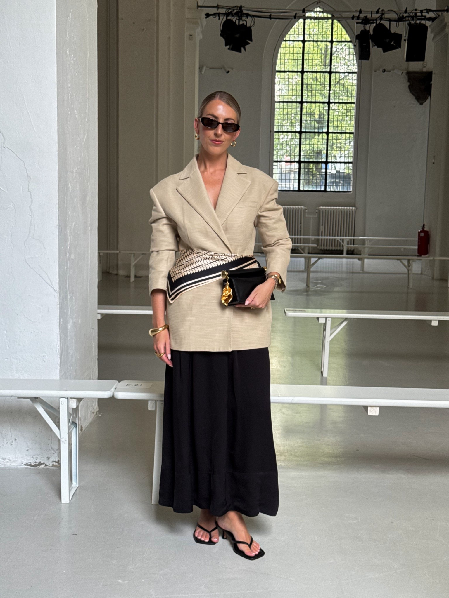 CPHFW day one outfit 🖤✨ 

Cinched blazer, silk scarf, satin skirt, thong heels, #LTKfashionmonth Copenhagen fashion week
