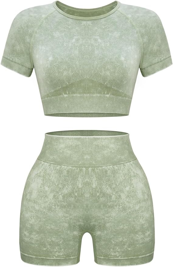 OLCHEE Womens Workout Sets 2 Piece - Seamless Acid Wash Yoga Outfits Shorts and Crop Top Matching... | Amazon (US)