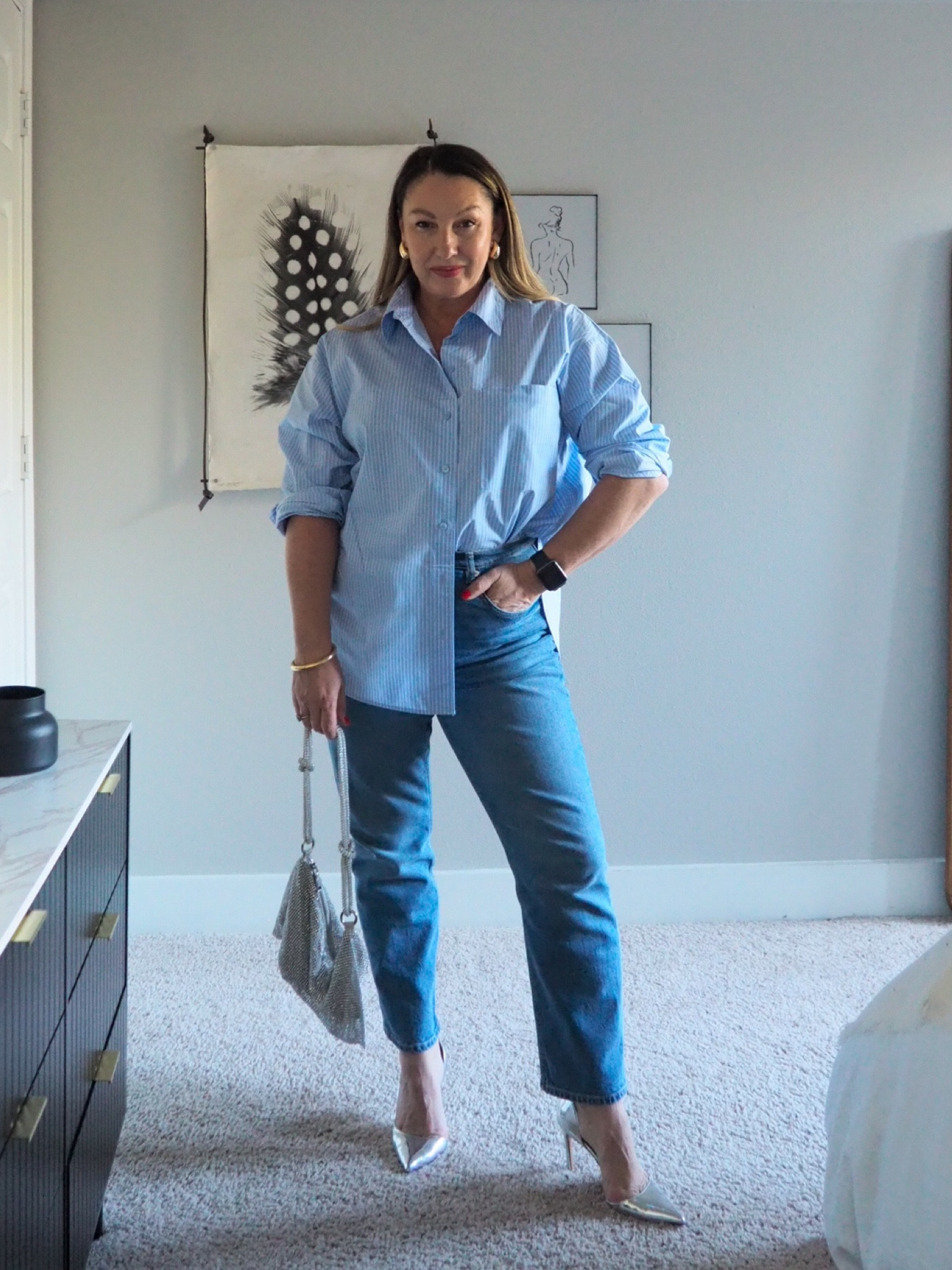 Monochrome accessories. I really love this look guys. Silver heels. Sequin bag. Blue striped shirt. Date night. Stylish 40’s.

#monochrome #blue outfit #silver shoes 

#LTKover40 #LTKmidsize #LTKstyletip